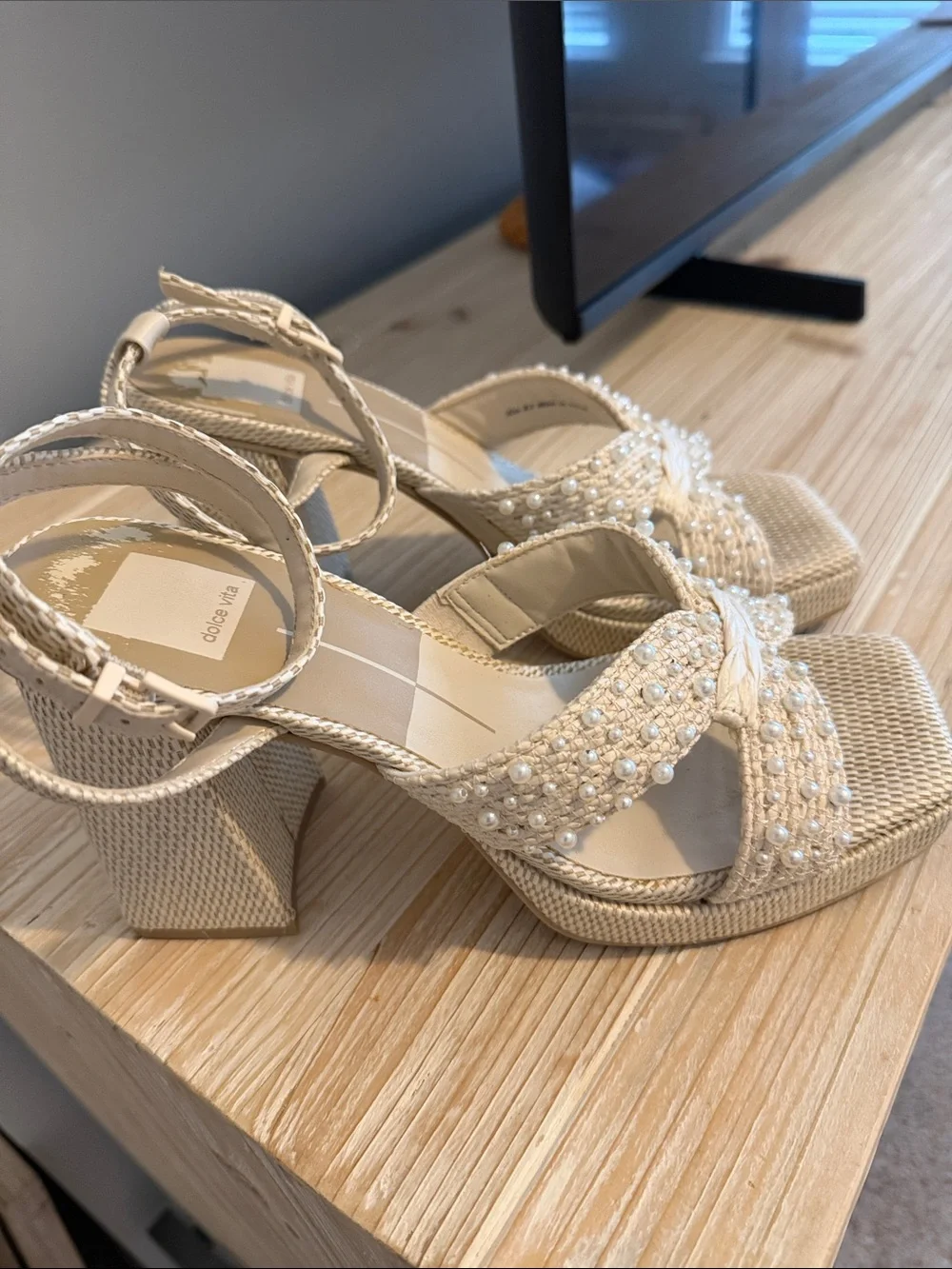 Dolce Vita Cream Braided Beaded Wedges with Ankle Strap